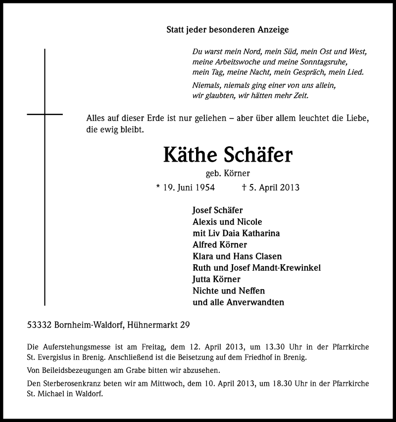  Traueranzeige für Käthe Schäfer vom 10.04.2013 aus Kölner Stadt-Anzeiger / Kölnische Rundschau / Express