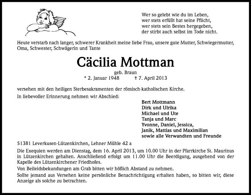  Traueranzeige für Cäcilia Mottmann vom 11.04.2013 aus Kölner Stadt-Anzeiger / Kölnische Rundschau / Express
