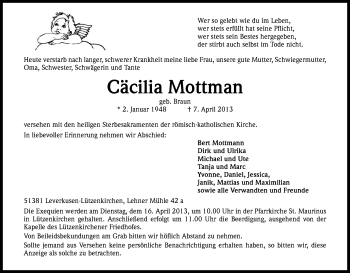 Anzeige von Cäcilia Mottmann von Kölner Stadt-Anzeiger / Kölnische Rundschau / Express