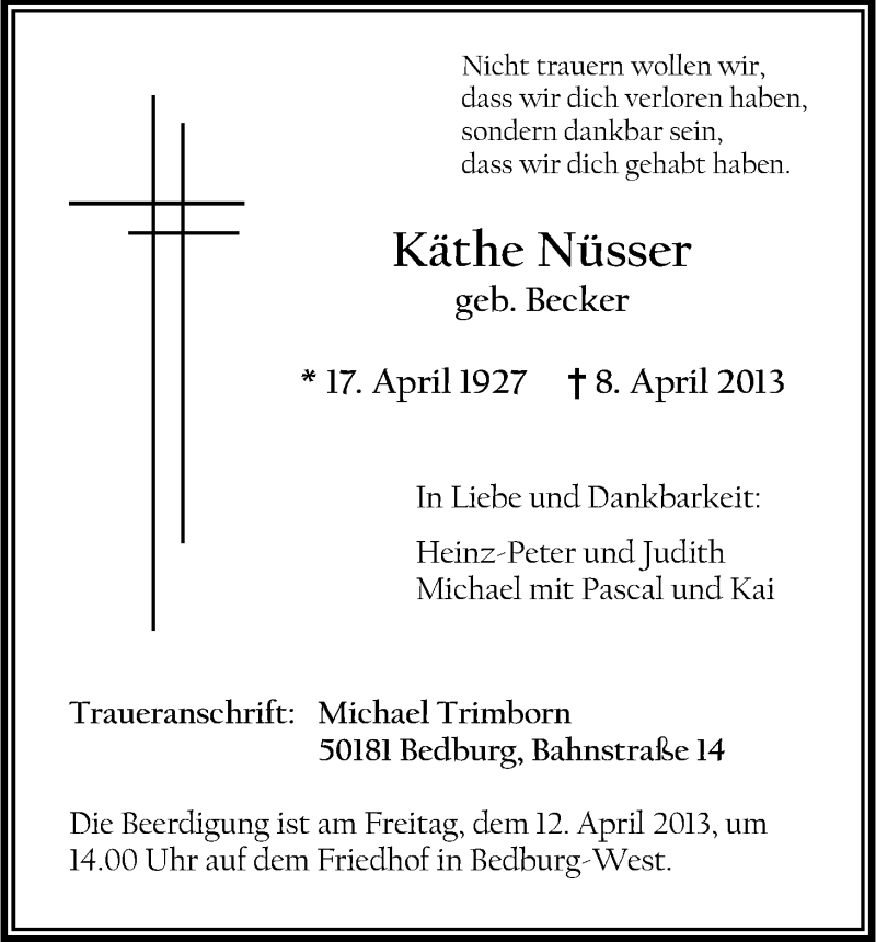  Traueranzeige für Käthe Nüsser vom 10.04.2013 aus Kölner Stadt-Anzeiger / Kölnische Rundschau / Express