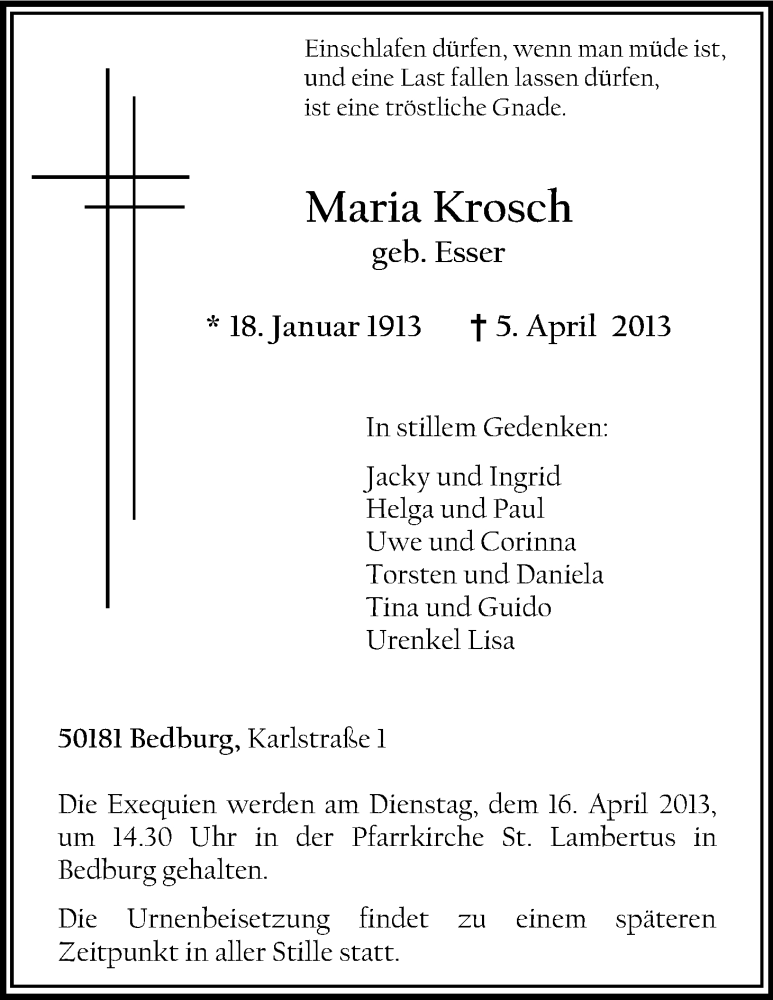  Traueranzeige für Maria Krosch vom 12.04.2013 aus Kölner Stadt-Anzeiger / Kölnische Rundschau / Express