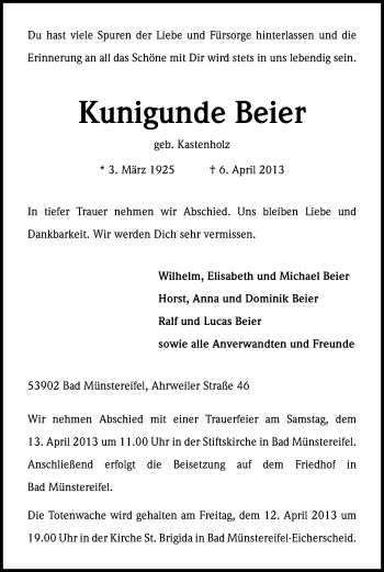 Anzeige von Kunigunde Beier von Kölner Stadt-Anzeiger / Kölnische Rundschau / Express