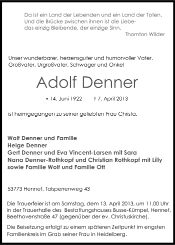 Anzeige von Adolf Denner von Kölner Stadt-Anzeiger / Kölnische Rundschau / Express