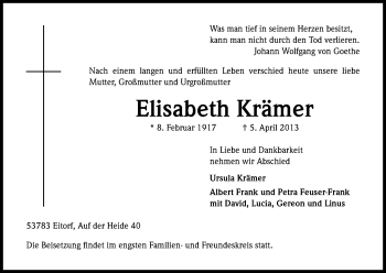 Anzeige von Elisabeth Krämer von Kölner Stadt-Anzeiger / Kölnische Rundschau / Express