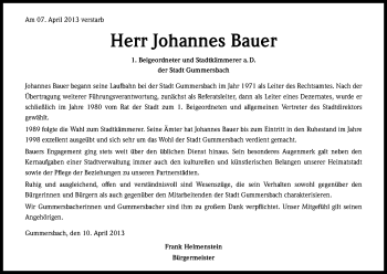 Anzeige von Johannes Bauer von Kölner Stadt-Anzeiger / Kölnische Rundschau / Express