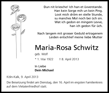 Anzeige von Maria-Rosa Schwitz von Kölner Stadt-Anzeiger / Kölnische Rundschau / Express