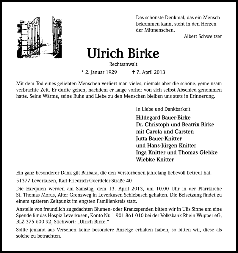  Traueranzeige für Ulrich Birke vom 10.04.2013 aus Kölner Stadt-Anzeiger / Kölnische Rundschau / Express
