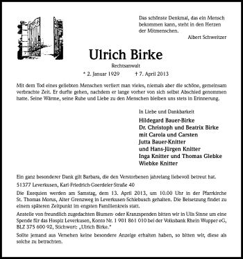 Anzeige von Ulrich Birke von Kölner Stadt-Anzeiger / Kölnische Rundschau / Express