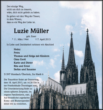 Anzeige von Luzie Müller von Kölner Stadt-Anzeiger / Kölnische Rundschau / Express
