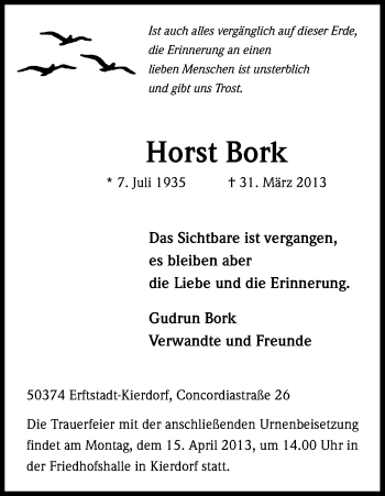 Anzeige von Horst Bork von Kölner Stadt-Anzeiger / Kölnische Rundschau / Express