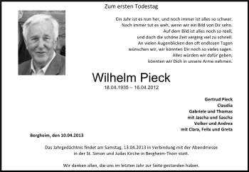 Anzeige von Wilhelm Pieck von Kölner Stadt-Anzeiger / Kölnische Rundschau / Express
