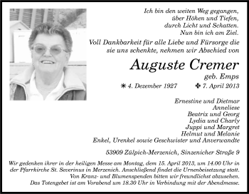 Anzeige von Auguste Cremer von Kölner Stadt-Anzeiger / Kölnische Rundschau / Express