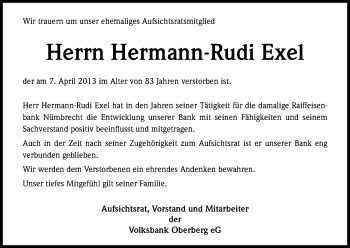 Anzeige von Hermann-Rudi Exel von Kölner Stadt-Anzeiger / Kölnische Rundschau / Express