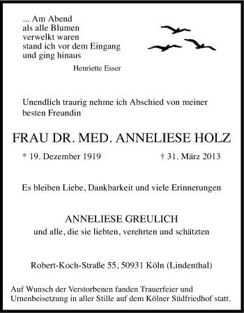 Anzeige von Anneliese Holz von Kölner Stadt-Anzeiger / Kölnische Rundschau / Express