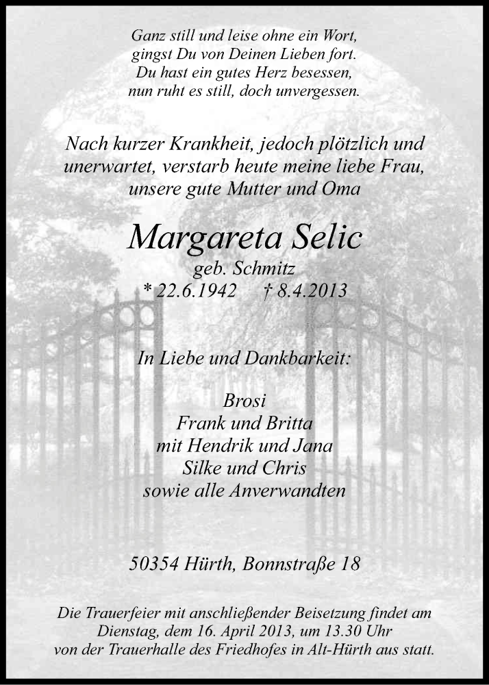  Traueranzeige für Margareta Selic vom 13.04.2013 aus Kölner Stadt-Anzeiger / Kölnische Rundschau / Express