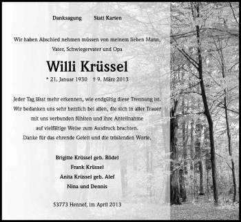 Anzeige von Willi Krüssel von Kölner Stadt-Anzeiger / Kölnische Rundschau / Express