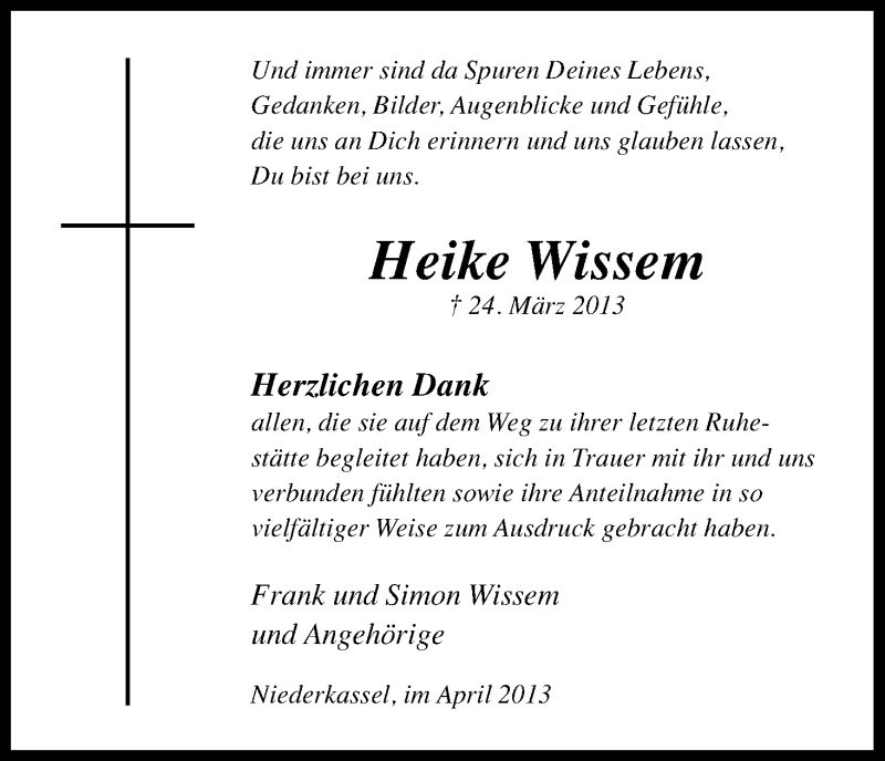  Traueranzeige für Heike Wissem vom 13.04.2013 aus Kölner Stadt-Anzeiger / Kölnische Rundschau / Express