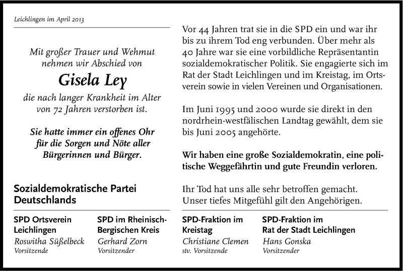  Traueranzeige für Giesela Ley vom 12.04.2013 aus Kölner Stadt-Anzeiger / Kölnische Rundschau / Express