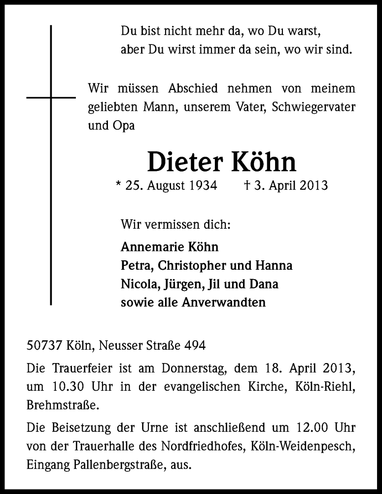  Traueranzeige für Dieter Köhn vom 13.04.2013 aus Kölner Stadt-Anzeiger / Kölnische Rundschau / Express