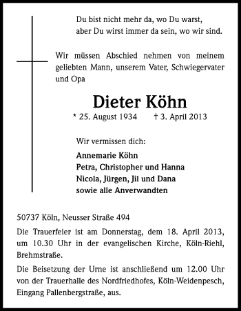 Anzeige von Dieter Köhn von Kölner Stadt-Anzeiger / Kölnische Rundschau / Express