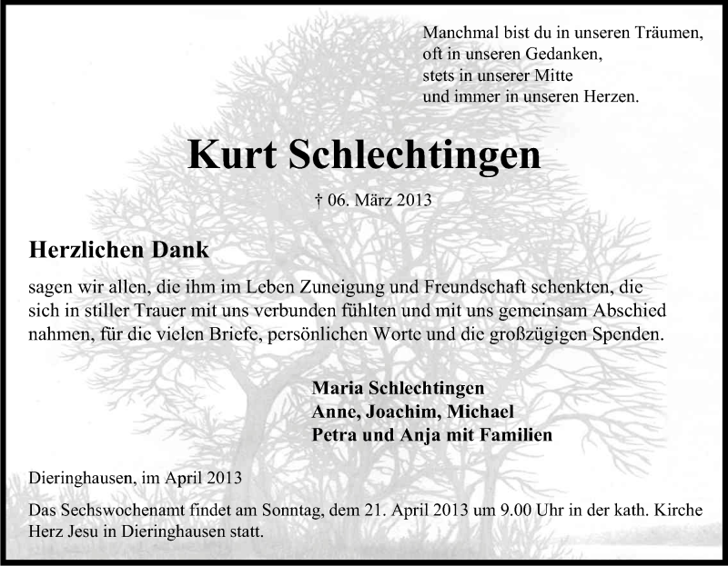  Traueranzeige für Kurt Schlechtingen vom 13.04.2013 aus Kölner Stadt-Anzeiger / Kölnische Rundschau / Express