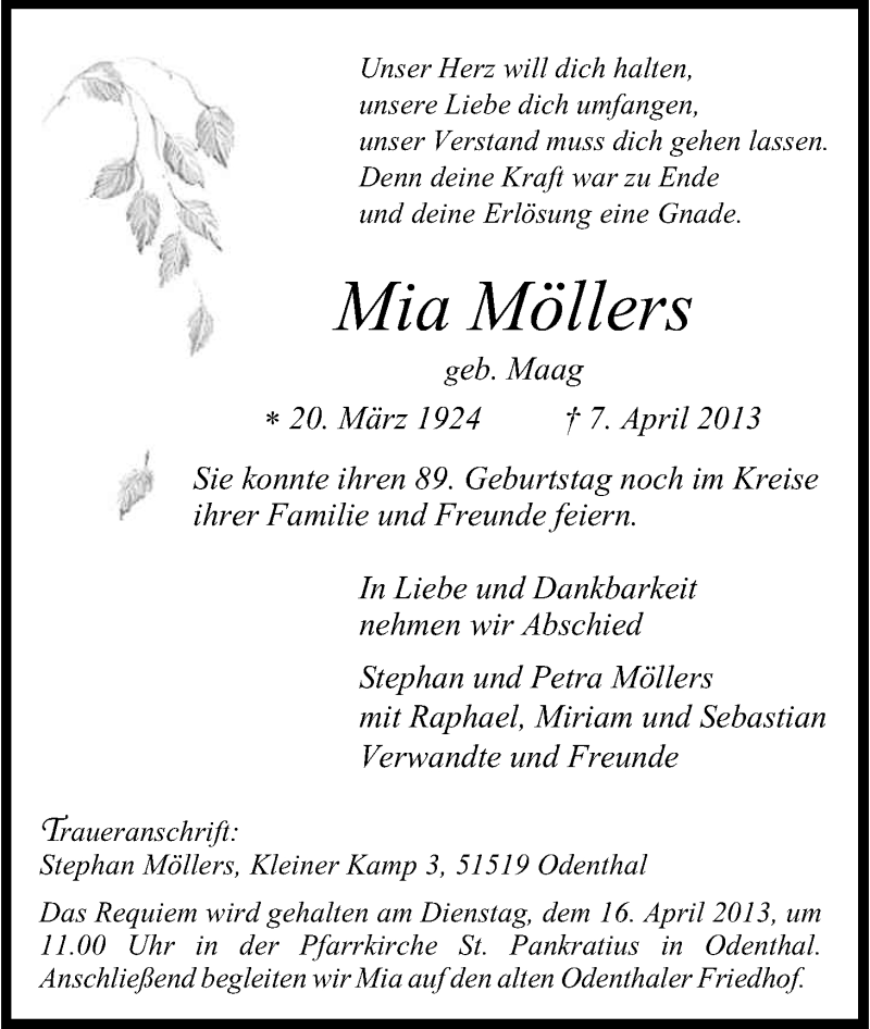  Traueranzeige für Mia Möllers vom 11.04.2013 aus Kölner Stadt-Anzeiger / Kölnische Rundschau / Express