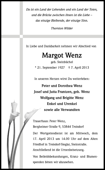 Anzeige von Margot Wenz von Kölner Stadt-Anzeiger / Kölnische Rundschau / Express