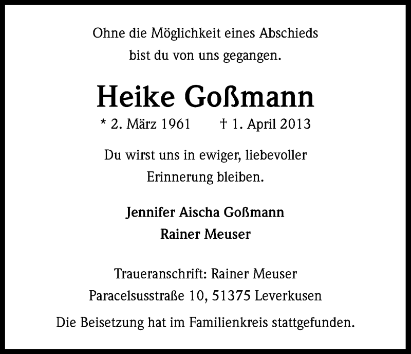  Traueranzeige für Heike Goßmann vom 13.04.2013 aus Kölner Stadt-Anzeiger / Kölnische Rundschau / Express