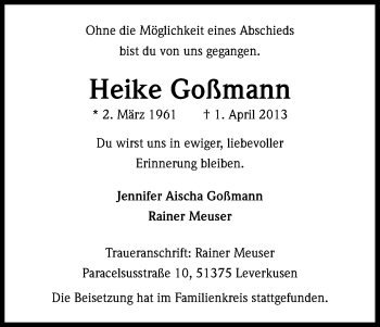 Anzeige von Heike Goßmann von Kölner Stadt-Anzeiger / Kölnische Rundschau / Express