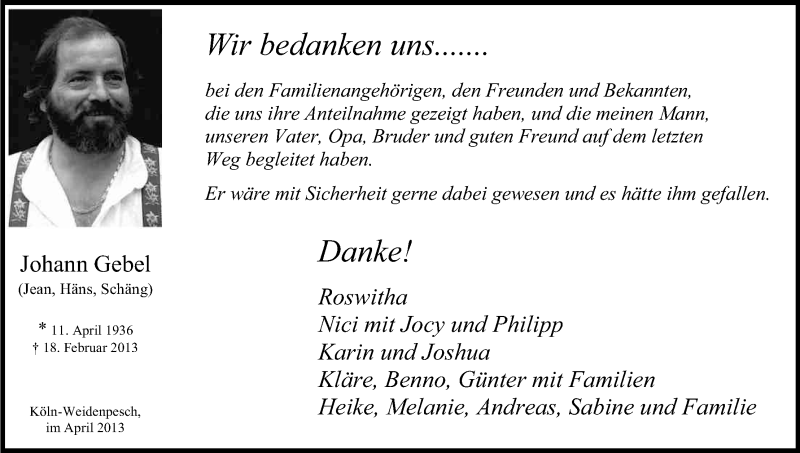  Traueranzeige für Johann Gebel vom 13.04.2013 aus Kölner Stadt-Anzeiger / Kölnische Rundschau / Express