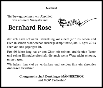 Anzeige von Bernhard Rose von Kölner Stadt-Anzeiger / Kölnische Rundschau / Express