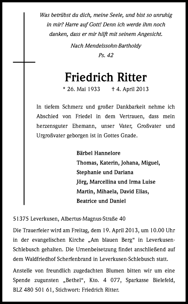  Traueranzeige für Friedrich Ritter vom 13.04.2013 aus Kölner Stadt-Anzeiger / Kölnische Rundschau / Express