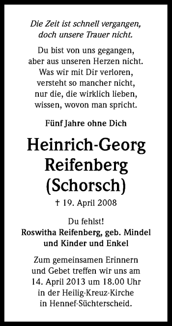 Anzeige von Heinrich-Georg Reifenberg von Kölner Stadt-Anzeiger / Kölnische Rundschau / Express