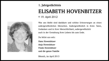 Anzeige von Elisabeth Hovenbitzer von Kölner Stadt-Anzeiger / Kölnische Rundschau / Express