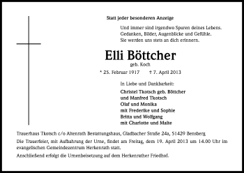 Anzeige von Elli Böttcher von Kölner Stadt-Anzeiger / Kölnische Rundschau / Express