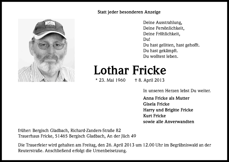  Traueranzeige für Lothar Fricke vom 19.04.2013 aus Kölner Stadt-Anzeiger / Kölnische Rundschau / Express