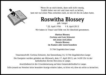 Anzeige von Roswitha Blossey von Kölner Stadt-Anzeiger / Kölnische Rundschau / Express