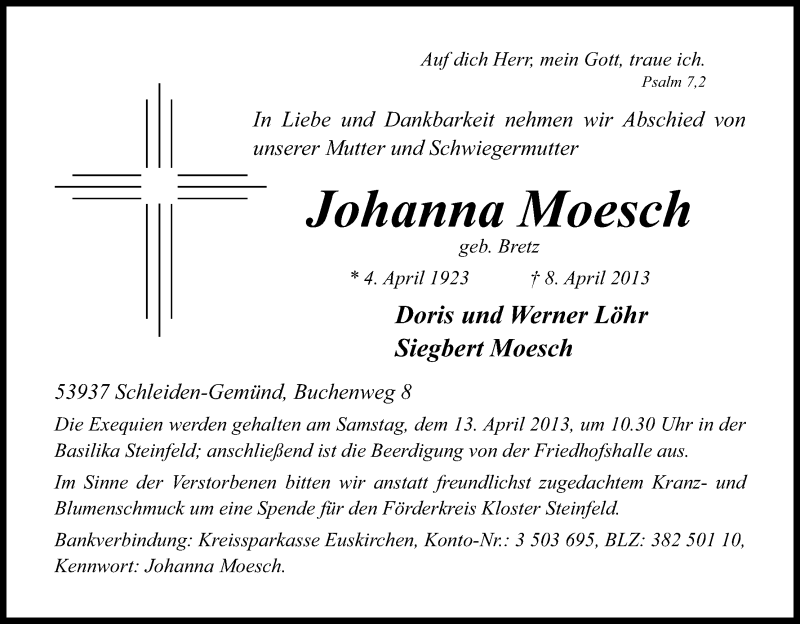  Traueranzeige für Johanna Moesch vom 11.04.2013 aus Kölner Stadt-Anzeiger / Kölnische Rundschau / Express