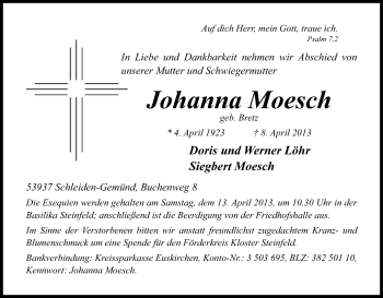 Anzeige von Johanna Moesch von Kölner Stadt-Anzeiger / Kölnische Rundschau / Express