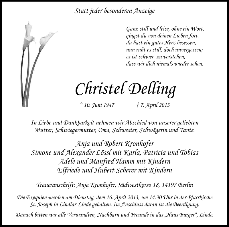  Traueranzeige für Christel Delling vom 13.04.2013 aus Kölner Stadt-Anzeiger / Kölnische Rundschau / Express
