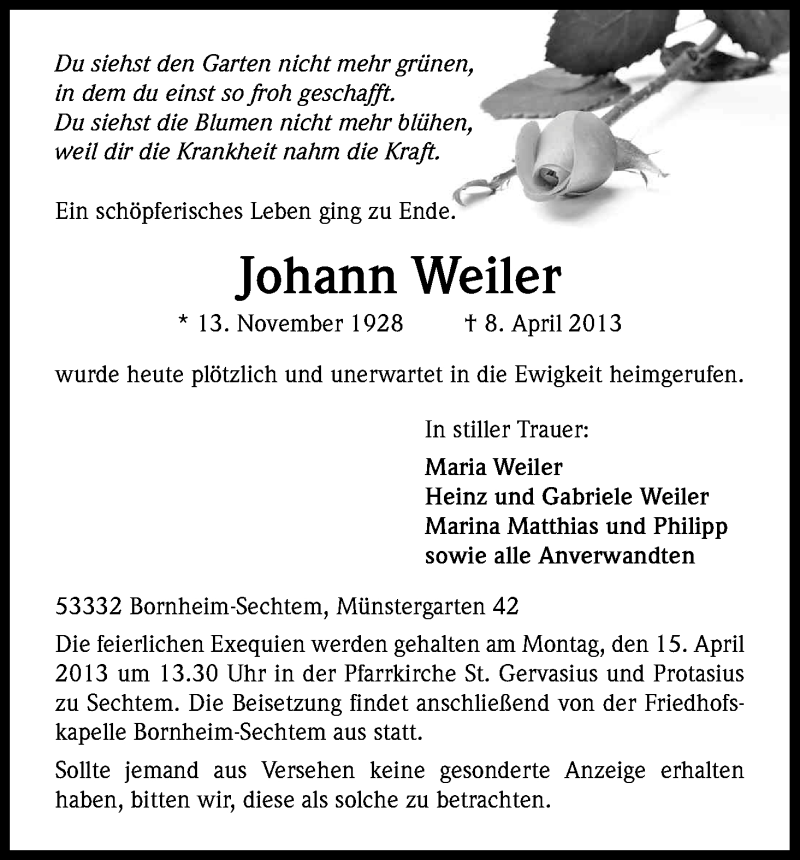  Traueranzeige für Johann Weiler vom 13.04.2013 aus Kölner Stadt-Anzeiger / Kölnische Rundschau / Express