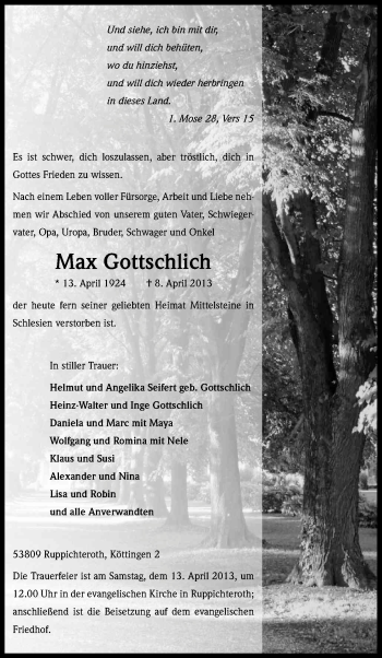 Anzeige von Max Gottschlich von Kölner Stadt-Anzeiger / Kölnische Rundschau / Express