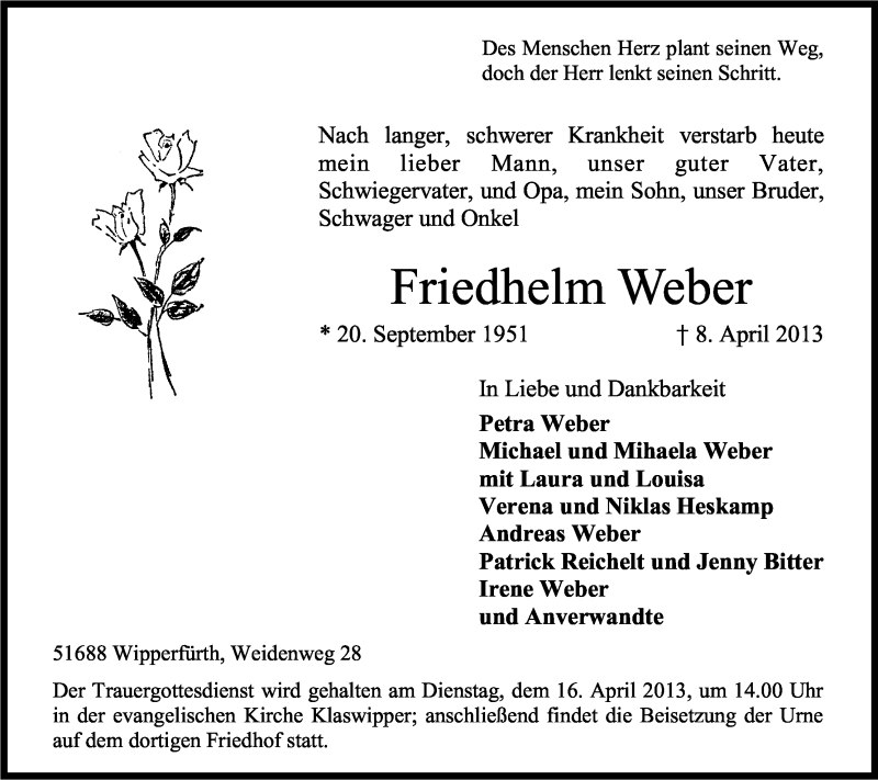  Traueranzeige für Friedhelm Weber vom 12.04.2013 aus Kölner Stadt-Anzeiger / Kölnische Rundschau / Express