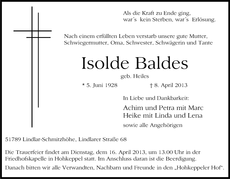  Traueranzeige für Isolde Baldes vom 11.04.2013 aus Kölner Stadt-Anzeiger / Kölnische Rundschau / Express