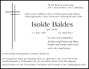 Anzeige von Isolde Baldes von Kölner Stadt-Anzeiger / Kölnische Rundschau / Express