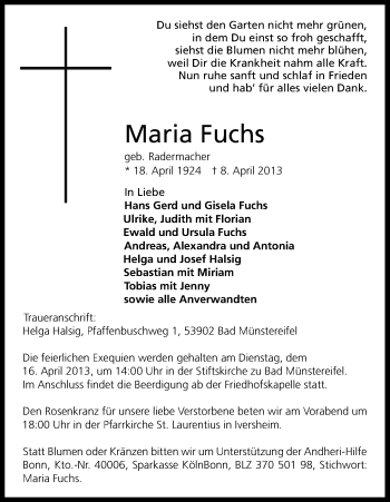 Anzeige von Maria Fuchs von Kölner Stadt-Anzeiger / Kölnische Rundschau / Express