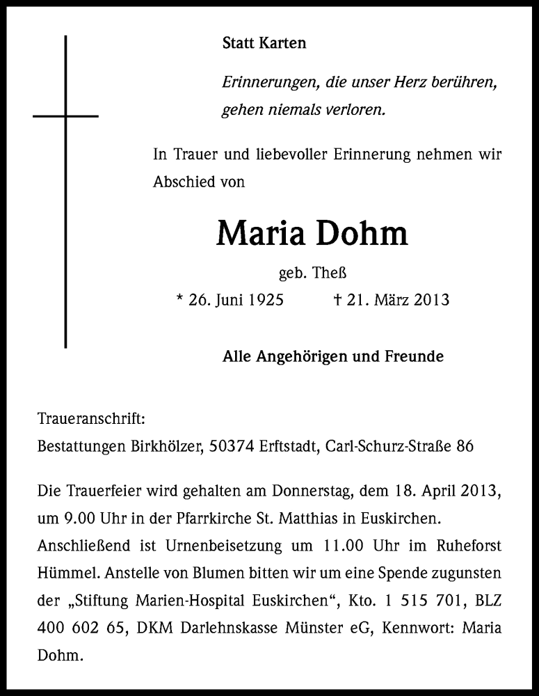  Traueranzeige für Maria Dohm vom 13.04.2013 aus Kölner Stadt-Anzeiger / Kölnische Rundschau / Express