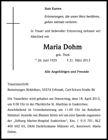 Anzeige von Maria Dohm von Kölner Stadt-Anzeiger / Kölnische Rundschau / Express