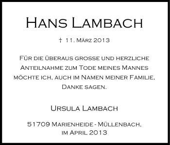 Anzeige von Hans Lambach von Kölner Stadt-Anzeiger / Kölnische Rundschau / Express
