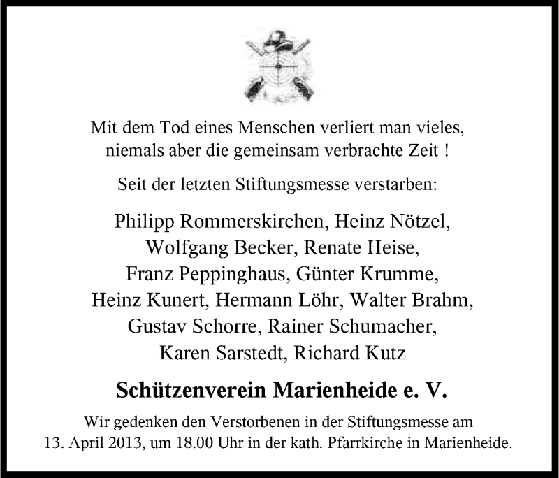  Traueranzeige für Schützenverein Marienheide eV gedenkt vom 11.04.2013 aus Kölner Stadt-Anzeiger / Kölnische Rundschau / Express